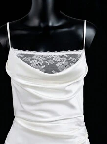 SHEIN ICON ICON Solid-Color Elegant Satin Ruched Contrast Lace Backless Slip Formal Prom Women Dresses - White - View 4