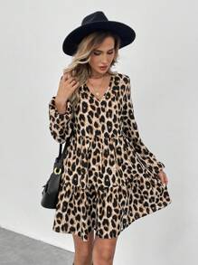 SHEIN LUNE Vestido casual, elegante y para la oficina con cuello en V, mangas abultadas, mangas farol, bajo multicapa en forma de paraguas y estampado de leopardo vintage para mujeres, otoño/invierno - Multicolor - Ver 6