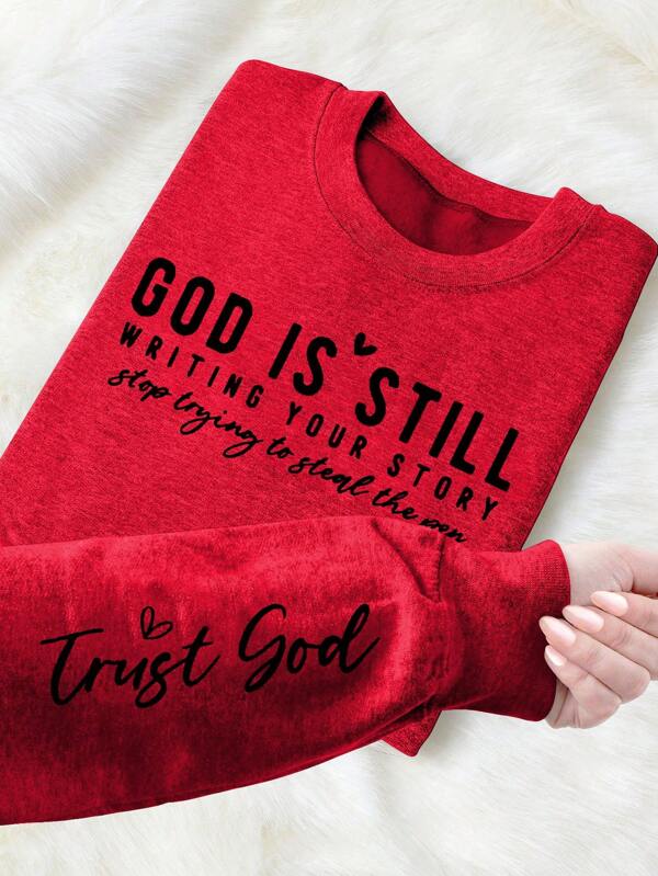 SHEIN LUNE Plus Size Heart Graphic Letter Slogan Crew Neck Long Sleeve Sweatshirt,Minimalist Black And Red Autumn Casual Everyday Teacher Outfits For Women