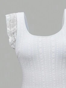 SHEIN Swim Women's Summer V-Neck Lace Trim Solid Color Beach One-Piece Swimsuit With Tummy Concealing - White - View 3