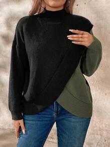 SHEIN LUNE 大码圆领撞色长袖休闲套头毛衣针织衫秋冬款 - 軍綠色 - 查看 6