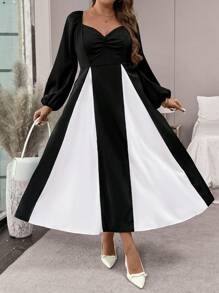 SHEIN Clasi Đầm dài thanh lịch cổ tim tay loe màu cỡ lớn cho nữ - Đen và trắng - Xem 6