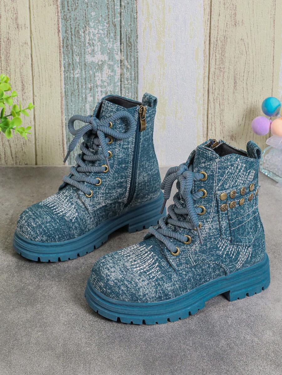 Giày bốt mũi tròn buộc dây phía trước đơn giản cho trẻ em, trang phục thường ngày - Màu xanh lam - Xem 1