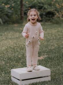 SHEIN Baby Girl Cable 3D Embroidered Ruffled Collar Romper Suitable For Autumn/Winter - Beige - View 6