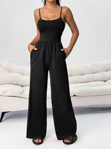 SHEIN PETITE 1 件休闲连体裤，配阔腿裤，无袖，阔腿风格 - 黑色 - 查看 4