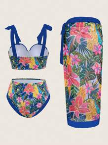 SHEIN Swim Bộ 3 Bikini Sexy In Hình Cây Cọ Cho Nữ Kèm Váy Che Mùa Hè - Nhiều màu - Xem 4
