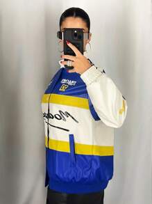 SHEIN ICON 复古摩托车图案拼色宽松 PU 皮夹克，克莱因蓝色 - 彩色 - 查看 5