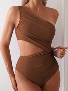 SHEIN Swim 女式纯色连体泳衣，腰部镂空和褶饰细节，紧身款式夏季 - 棕色 - 查看 4