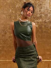 COSMINA Bộ đồ liền thân không tay lưới thanh lịch dành cho nữ, mùa thu - xanh quân đội - Xem 5