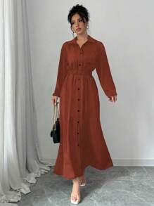 Elenzga Vestido camisero largo de un solo pecho de unicolor de manga larga para mujer, apto para primavera, verano, otoño e invierno, para ocasiones casuales como té de la tarde, fiestas, Acción de Gracias, vuelta al colegio, festivales de música country, casual de negocios - Óxido marrón - Ver 5