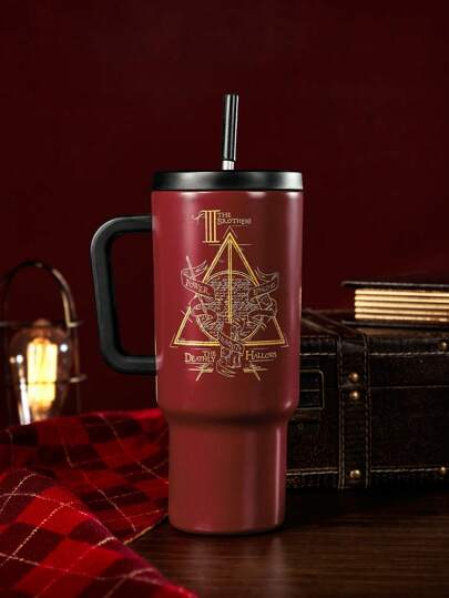 HARRY POTTER X SHEIN Deathly Hallows 40oz Vacuum Insulated Water Bottle With Handle, Glossy Golden Letter Print,Gifts