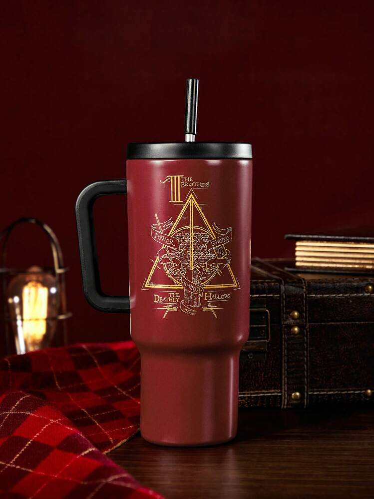 HARRY POTTER X SHEIN Deathly Hallows 40oz Vacuum Insulated Water Bottle With Handle, Glossy Golden Letter Print,Gifts