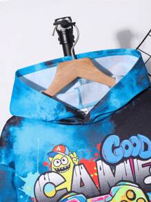 SHEIN Leap Crew Bộ 2 áo hoodie in hình trò chơi nhuộm loang lổ cho bé trai tuổi teen và quần chạy bộ dáng rộng thoải mái, thích hợp mặc khi đi làm, đi học, hàng ngày, nghỉ mát, thể thao, mùa xuân/hè/thu/đông - Nhiều màu - Xem 4