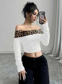 SHEIN Unity Sexy Leopard Print Contrast Off Shoulder Women Top - White - View 3