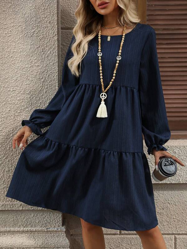 EMERY ROSE Women Solid Color Crew Neck Long Sleeve Pleated Mini Casual Dress