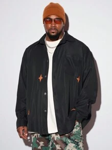 Manfinity VCAY Plus Size Men Star Print Loose Long Sleeve Woven Urban Fashion Shacket, For Friends, Husband, Boyfriend Gifts, For Fall Winter - Black - View 3