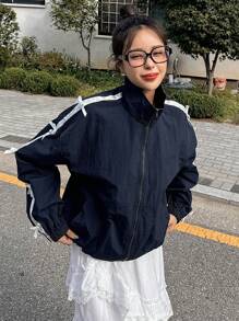 DAZY Contrast Ribbon Bow Printed Loose Women Jacket,Fall Women Clothes - Navy Blue - View 8