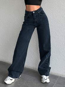 SHEIN Cottnline High Waist Straight Leg Jeans - Navy Blue - View 3