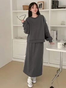 DAZY Bộ 2 áo nỉ và quần dài cho nữ, áo chui đầu cổ tròn tay dài có nơ trang trí, bộ đồ thể thao thu đông cho nữ - Màu Xám nhạt - Xem 4