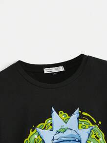 Rick and Morty X SHEIN Men's Casual Funny Cartoon & Letter Print Short Sleeve Black T-Shirt, Summer