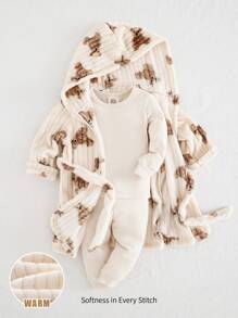 Cozy Pixies 女婴休闲百搭熊图案保暖内衬连帽长袍，腰部系带，长袖 - 杏色 - 查看 1