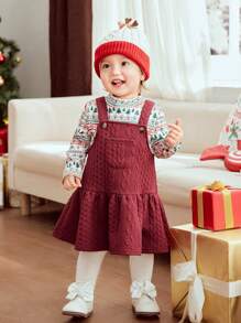 Cozy Pixies Baby Girl 2pcs Christmas Print Round Neck Long Sleeve Top And Bib Dress Set, Winter Clothes - Multicolor - View 7