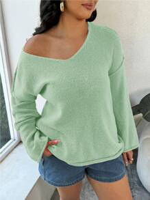 INAWLY 大码纯色 V 领长袖简约套头毛衣，休闲日常穿着 - 薄荷綠 - 查看 2