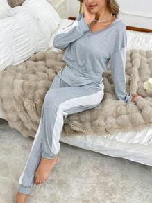 V领撞色长袖上衣和裤子女士两件套睡衣套装 - 淺灰色 - 查看 6