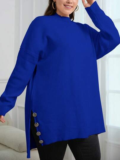 EURMUSE Plus Size Women Solid Color Drop Shoulder Mock Neck Long Sleeve Casual Sweater, Autumn/Winter