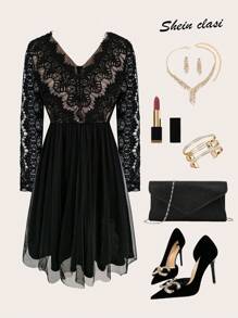 SHEIN Clasi 大码黑色蕾丝撞色网眼及膝连衣裙，适合日常穿着，秋季 - 黑色 - 查看 1