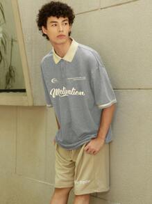 Aesthetic Post Áo thun polo cổ tròn in họa tiết chữ cho nam dáng rộng, mùa hè - Màu Xám nhạt - Xem 3