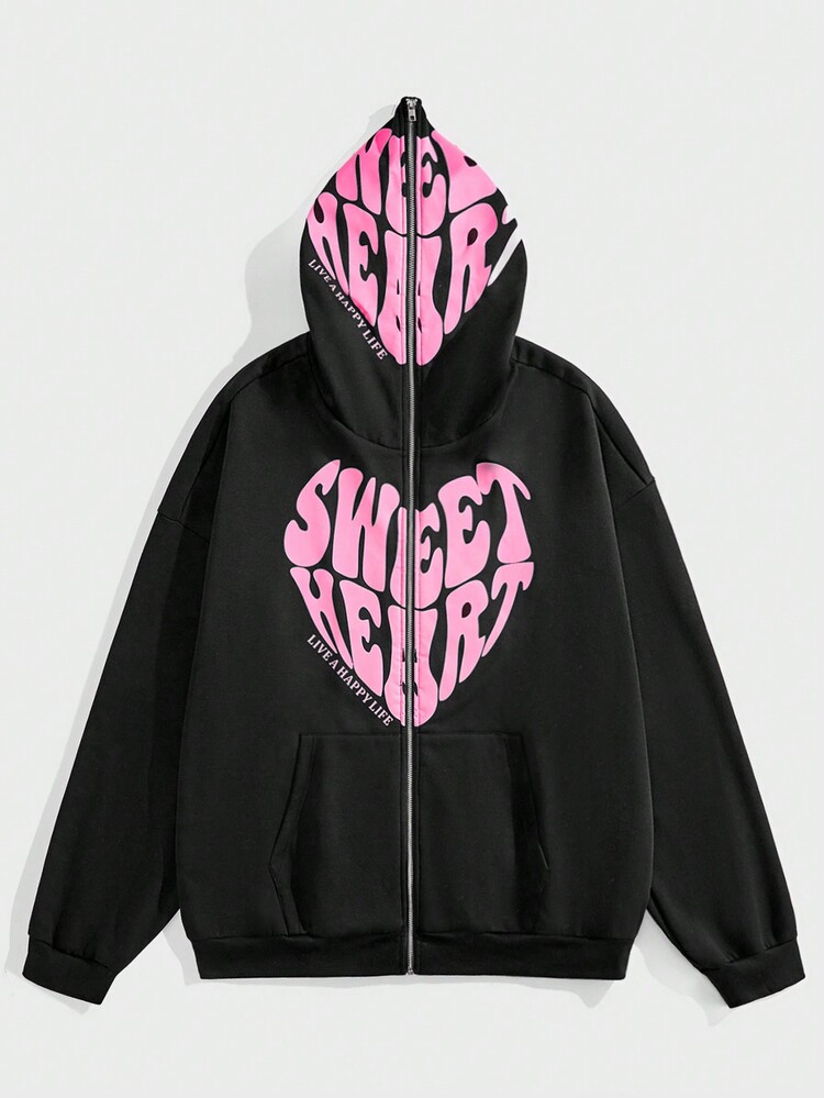 Manfinity VCAY 大码男士休闲宽松心形印花落肩针织长袖连帽运动衫，适合秋冬 - 彩色 - 查看 2