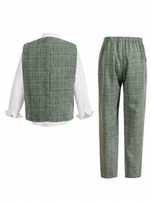 2pcs/Set Tween Boys Green Plaid Waistcoat Gentleman Outfit, For Christmas - Green - View 2