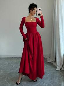 Selianne 女士方领长袖收腰 A 字下摆连衣裙新年衣服长款女装 - 紅色 - 查看 6