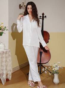 Côtesoire Blouse met zak aan de voorkant en broek PJ-set / pyjamaset Witte set Vakantieseizoen, vakantie