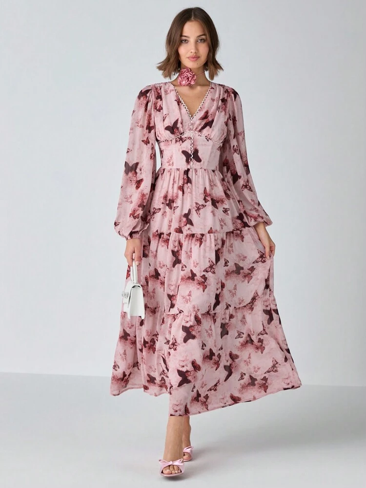 New Winter Products ,Women Romantic Butterfly Print V-Neck Ruffle Hem Lantern Long Sleeve Dress, Winter Women Dress,Christmas Dress,Christmas Women Clothes,New Years Dress,Party Women Dresses