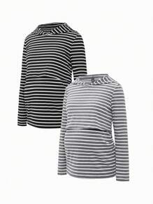 SHEIN Maternity 2pcs Women Fitted Striped Hooded Long Sleeve Tops, Nursing