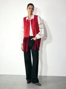 Maija Bohemian-Stil Herbst Rot Cut Out Handwerks Vintage handgefertigte Westen Jacke mit Quaste Saum für Frauen