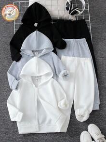 SHEIN Leap Crew Bộ 6 món/bộ thời trang giản dị thoải mái tối giản cho bé trai, áo nỉ có mũ trùm đầu lót nhiệt, màu đen, xám và trắng - Nhiều màu - Xem 3