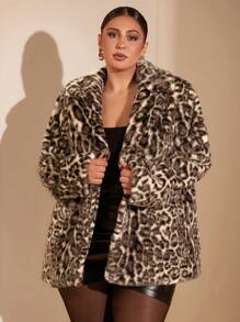 SHEIN BAE Plus Size Women Elegant Gangster Wife Luxurious Leopard Print Lapel Long Sleeve Warm Fluffy Mid-Length Coat For Autumn/Winter