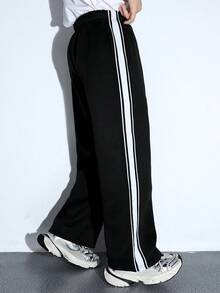 SHEIN Kids/Tween Boy Casual Loose Fit Solid Color Drawstring Waistband Knitted Sweatpants, Suitable For Commuting, School, Daily Casual, Travel, Sports, Spring Summer Autumn Winter - Black - View 7