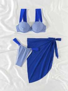 SHEIN Swim Conjunto de 3 piezas de bikini de verano con Top con aros, Bottom y Mini falda a rayas para mujeres - Azul y blanco - Ver 4