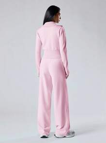 LYSMO Conjunto casual de 2 piezas de mujer compuesto por un cárdigan de manga larga con cremallera de unicolor y pantalones largos de punto, para otoño/invierno