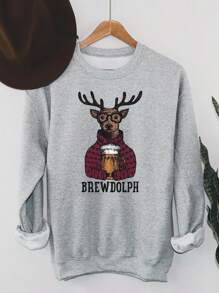 SHEIN LUNE 女士休闲卡通字母印花圆领落肩宽松羊毛运动衫，秋冬 - 灰色 - 查看 1