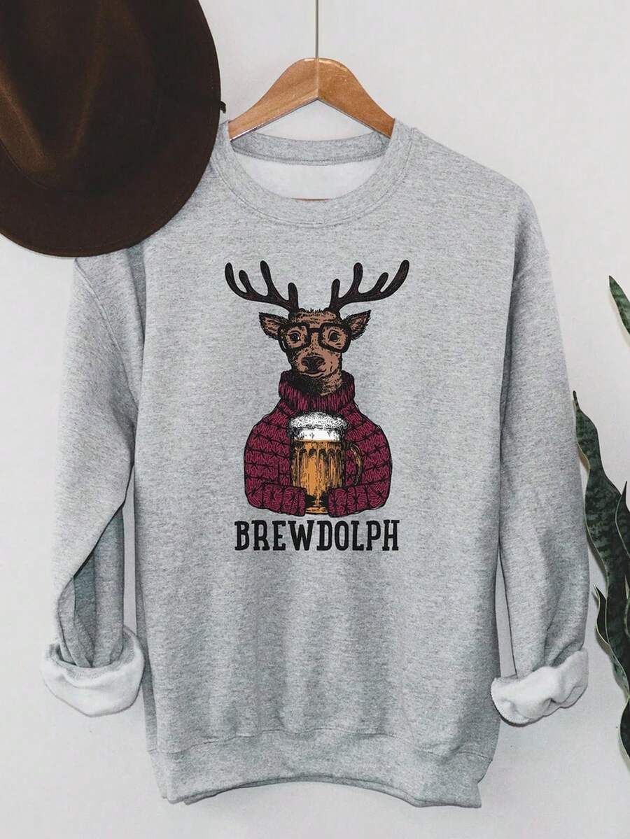 SHEIN LUNE 女士休闲卡通字母印花圆领落肩宽松羊毛运动衫，秋冬 - 灰色 - 查看 1