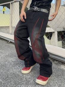 Manfinity EMRG 男士休闲街头潮流低腰刺绣图案宽松阔腿牛仔裤（不含腰带）图案深色牛仔裤长款宽松纯黑色洗水工装牛仔裤，适合丈夫、男朋友的礼物 - 黑色 - 查看 7