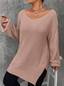SHEIN LUNE Plus Size Jednokolorowy sweter z rozcięciem z boku, swobodny na jesień/zimę