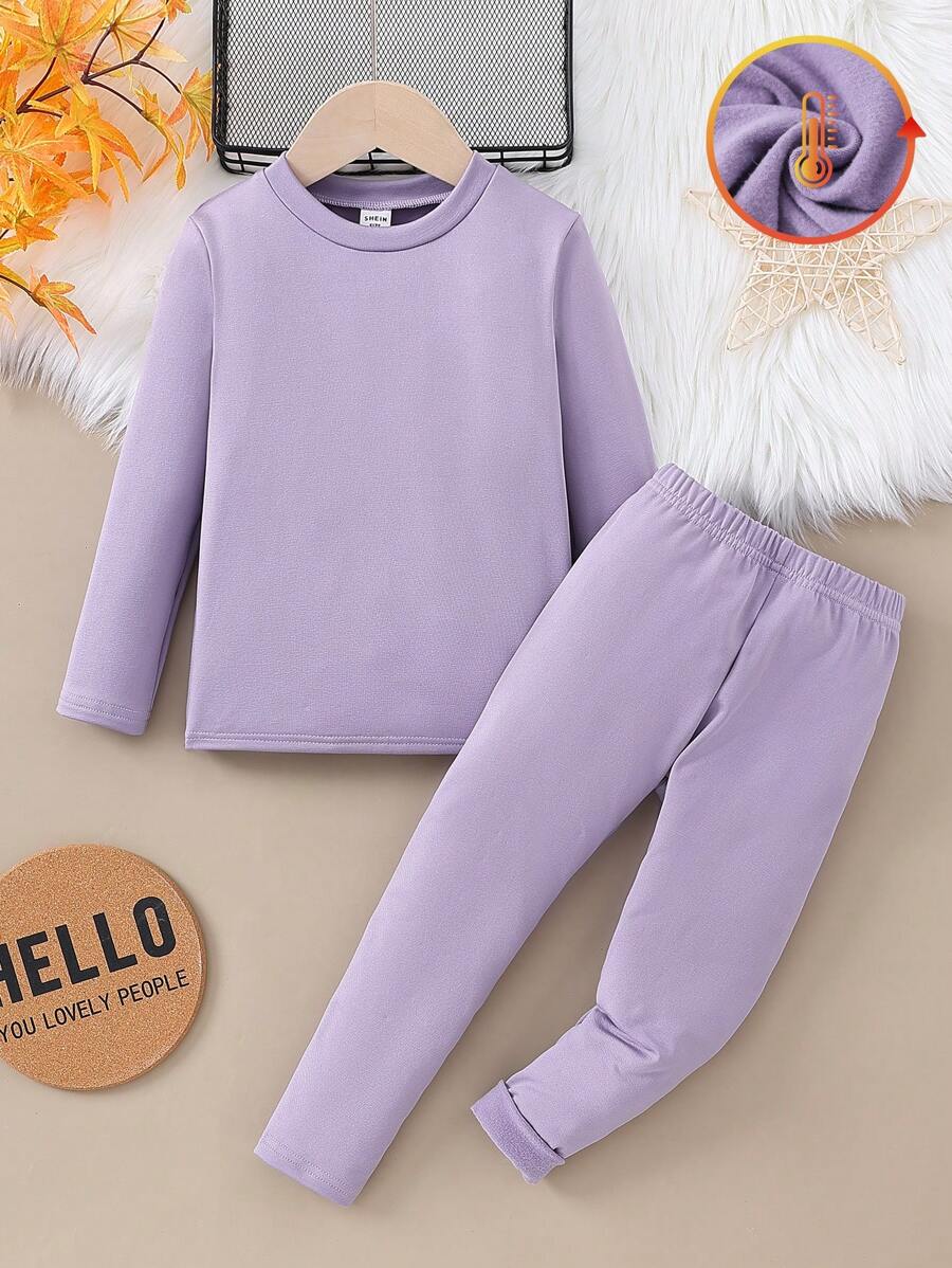 2pcs/Set Girls Thermal Underwear With Turtleneck Long Sleeve Top And Legging Bottom, Black - Purple - View 1