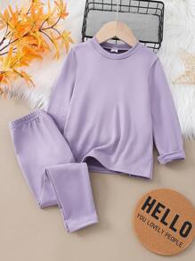 2pcs/Set Girls Thermal Underwear With Turtleneck Long Sleeve Top And Legging Bottom, Black - Purple - View 5