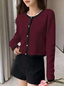 DAZY 2pcs Women Contrast Color Cami Top Cardigan Set,Fall Clothes Women Sweater - Burgundy - View 4